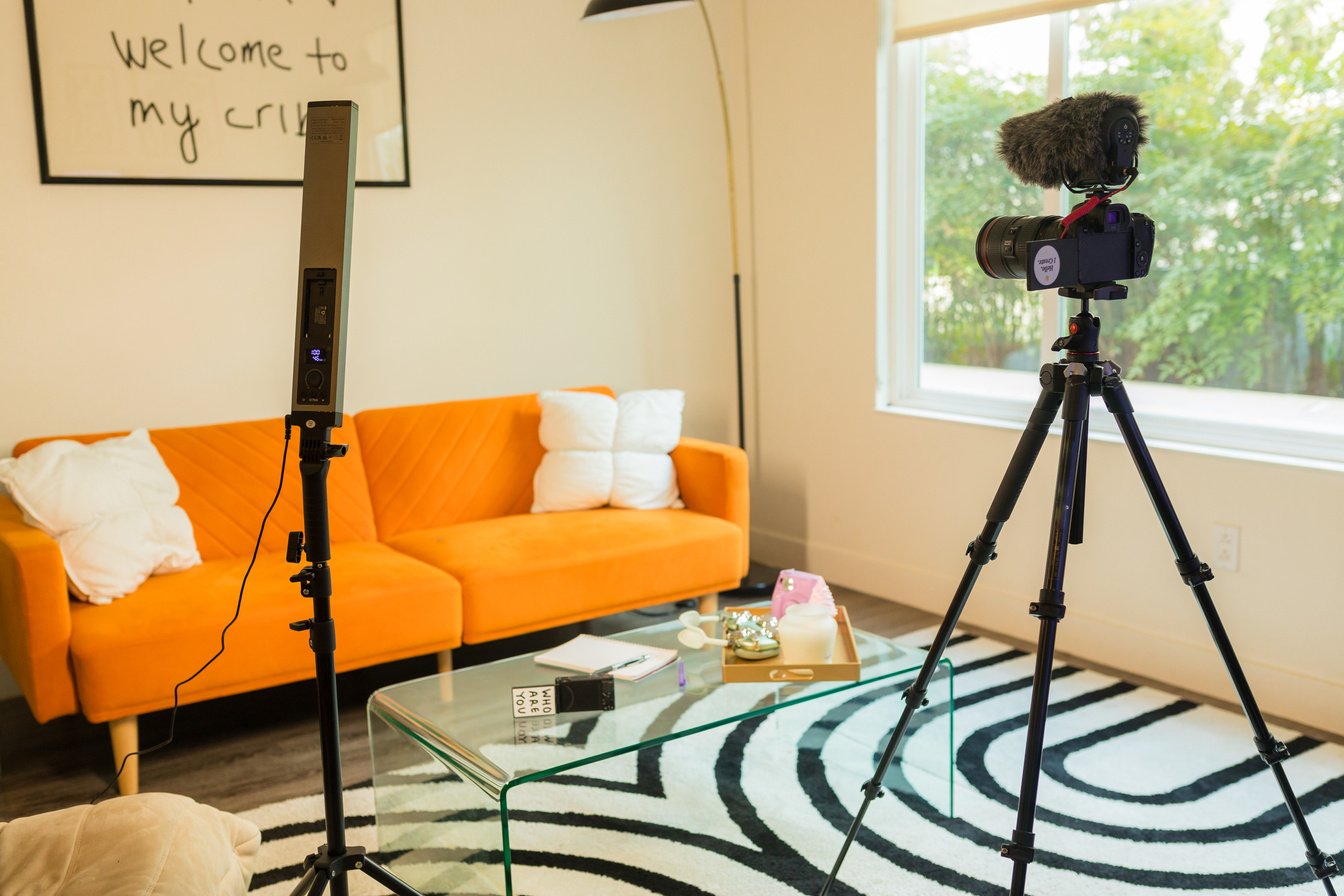 Living Room with Camera and Lights for Content Creation